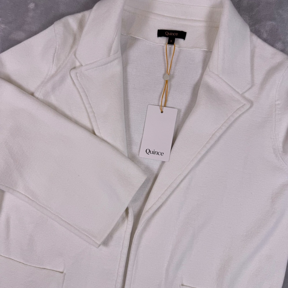 Quince Organic Cotton Knit Blazer Ivory Off White Open Front Cardigan Small NEW